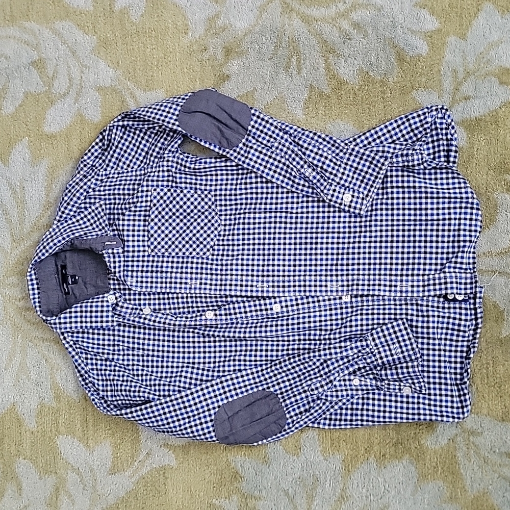 Gap kids long sleeve blue plaid button down with elbow patch accents